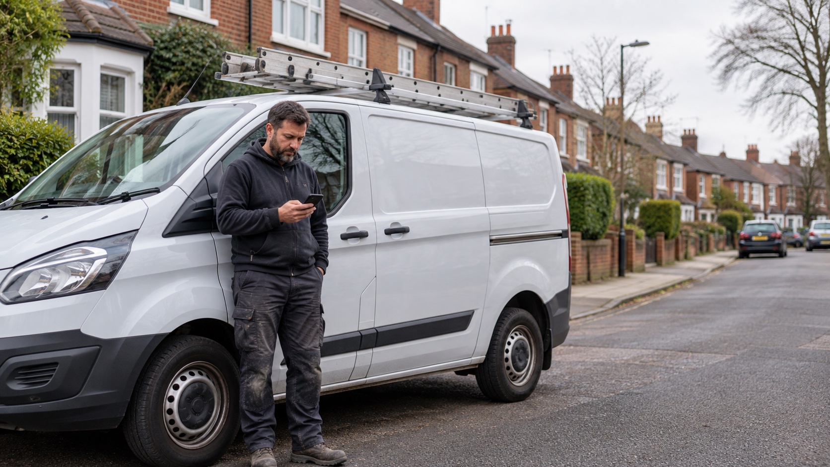 Local tradesperson leaning against a complete white work van with a roof ladder, checking a customer enquiry on their phone on a British residential street