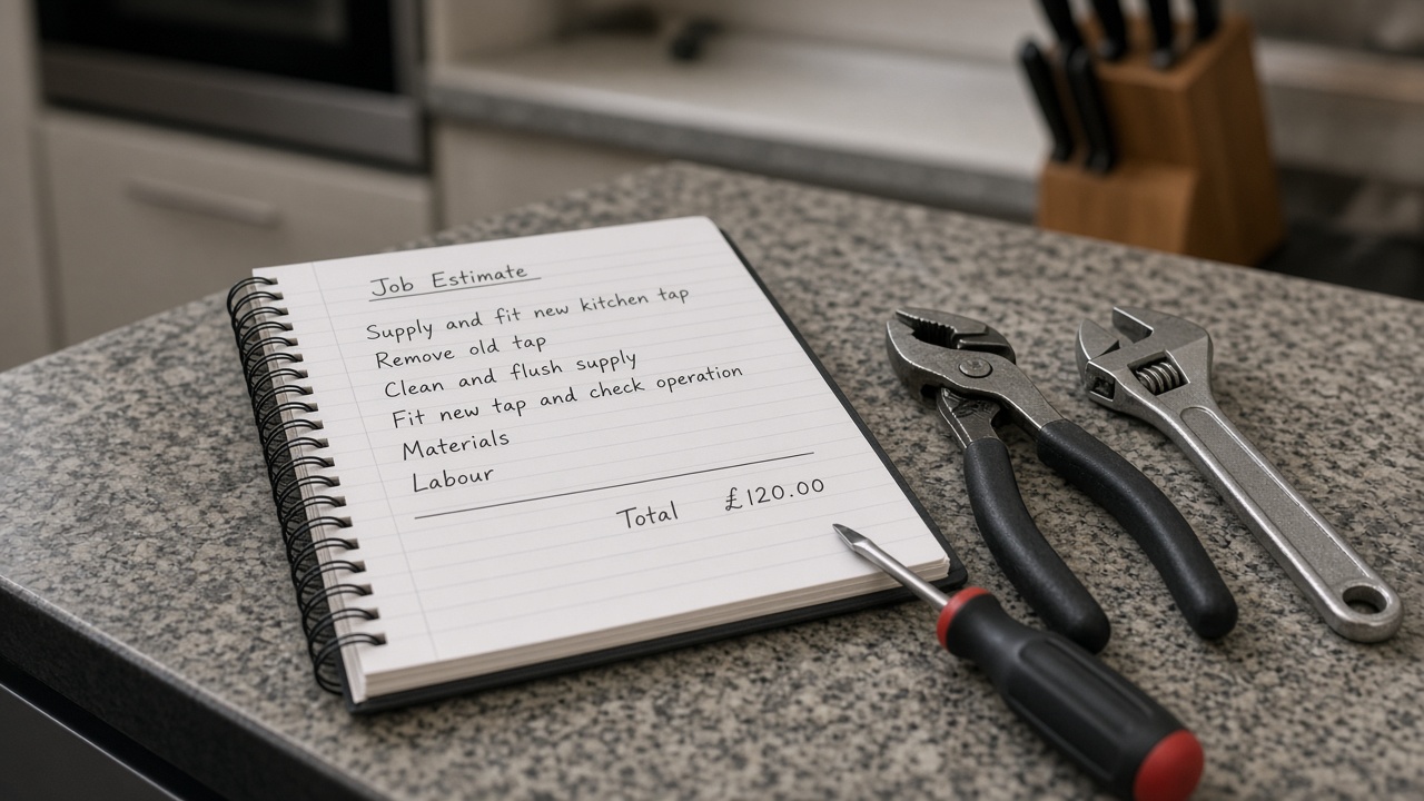 A tradesperson in a UK workshop reviewing a job quote on a tablet, with tools and materials laid out nearby.