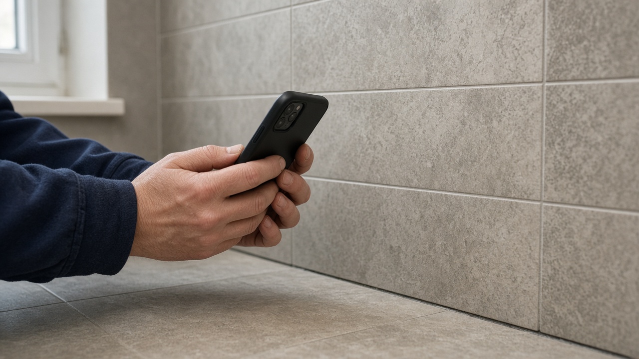 A UK tradesperson using a smartphone to take a clear, well-lit photo of a recently installed kitchen worktop, showing before and after detail.