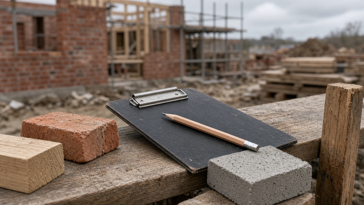 A UK homeowner discussing plans with a builder on a building site, both looking at a sketch and measuring tape, in a suburban garden with tools nearby.