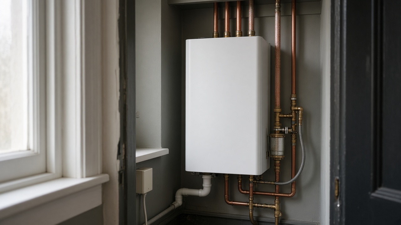 A UK household living room with a modern combi boiler on the wall, a digital display showing a fault code, a pressure gauge visible, and a person checking the s