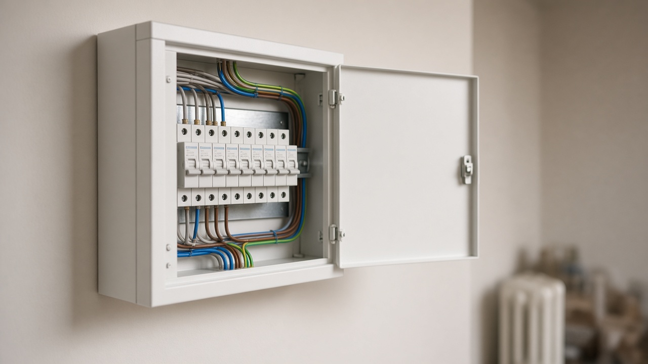 A UK household electrician checking a consumer unit in a domestic property, wearing safety gloves and using a multimeter.